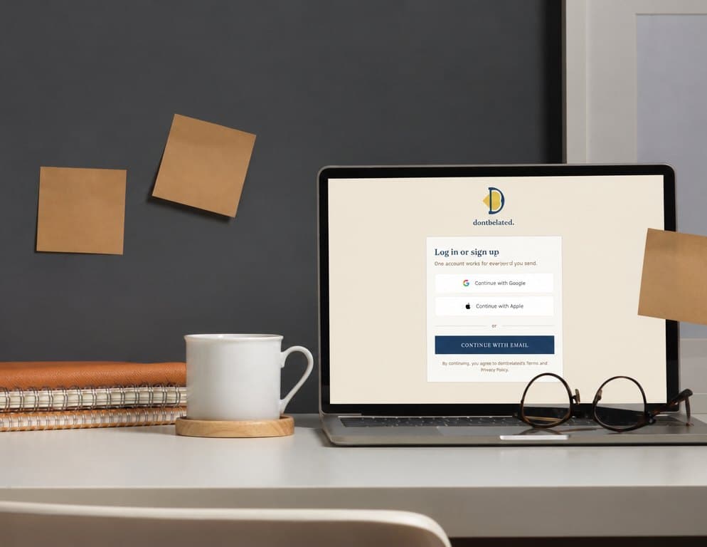 A laptop on a desk showing the dontbelated sign-in screen